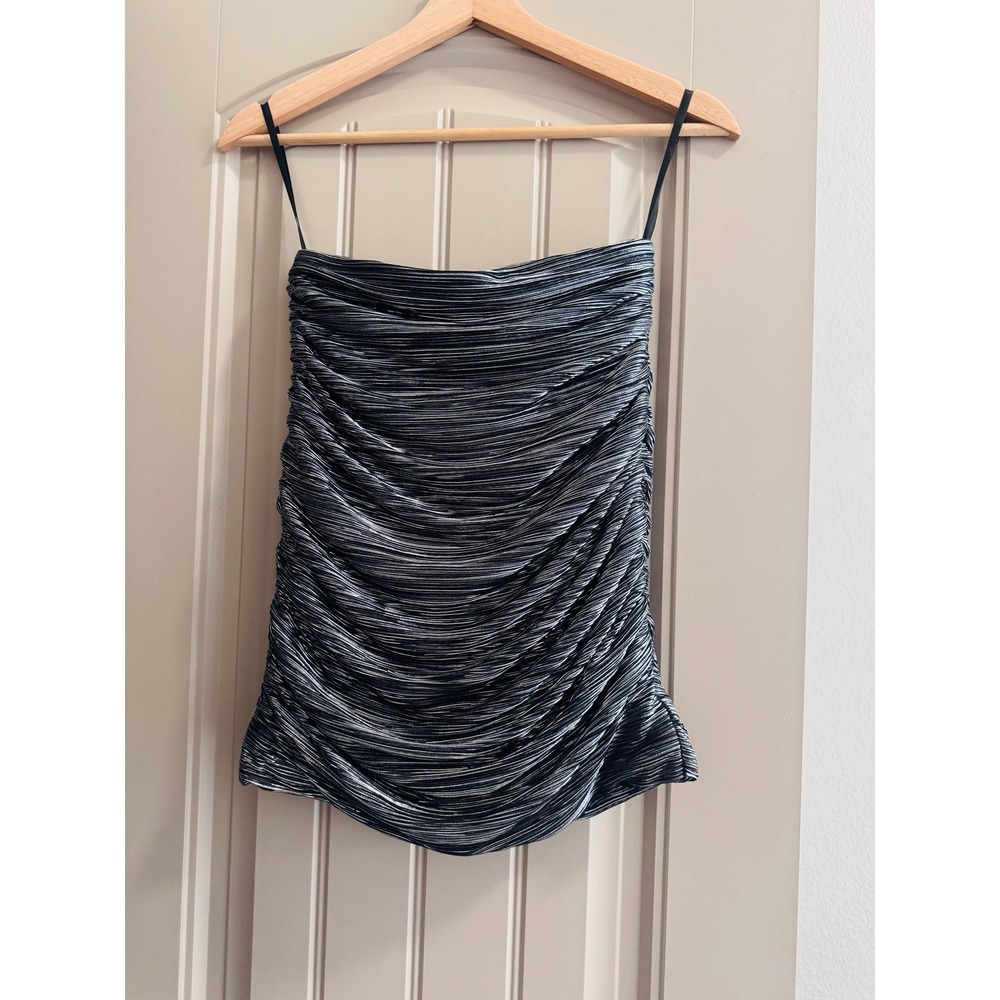 BCBGMAXAZRIA Women Size 2 Black Silver Metallic‎ Ruched Strapless Tube Top Party